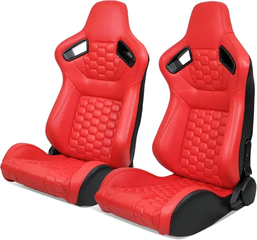 Vista 14 de IKON MOTORSPORTS, Asientos universales para vehículos de carreras con deslizadores dobles, asientos deportivos reclinables de cuero PU beige + cuero