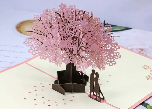 Vista 4 de PENTA ANGEL Tarjeta de flor de cerezo hecha a mano con diseño de flor 3D, romántica carta de felicitación de aniversario, boda, San Valentín