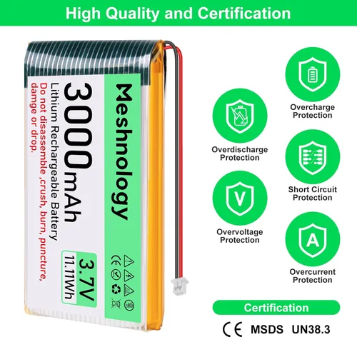 Vista 2 de Batería Li de 3.7 V 3000 mAh con cable de cargador USB 103665 1S Batería LiPo con placa de protección, cinta de goma aislada y enchufe micro JST