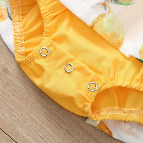 Vista 4 de Mameluco con estampado de manga mosca de encaje para niñas recién nacidas, conjunto de diadema para baile 2t (amarillo, 9-12 meses)