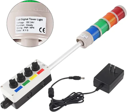 Vista 3 de Luz LED de torre Andon de 4 pilas Interruptor de encendido/apagado ABB, adaptador Mean Well 120V-24V, Plug-and-Play, Fabricación e industriales
