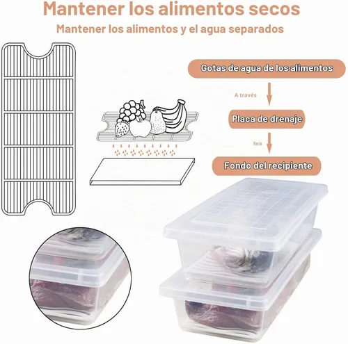 Vista 6 de Recipiente de almacenamiento de alimentos, recipientes de plástico para alimentos con placa de drenaje extraíble y tapa, contenedores