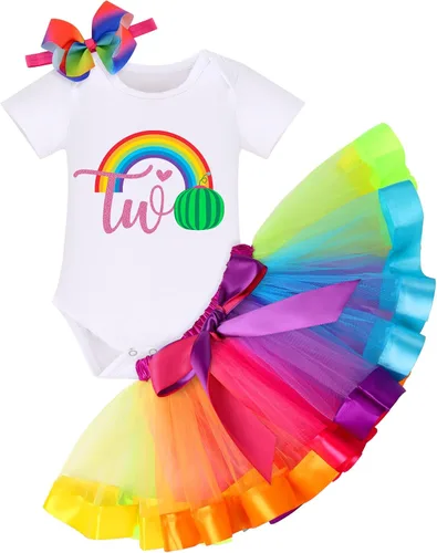 Vista 2 de IBAKOM Conjunto de ropa de 3 piezas para bebé niña de manga corta + tutú de tul de princesa arcoíris + diadema con lazo, 3 piezas