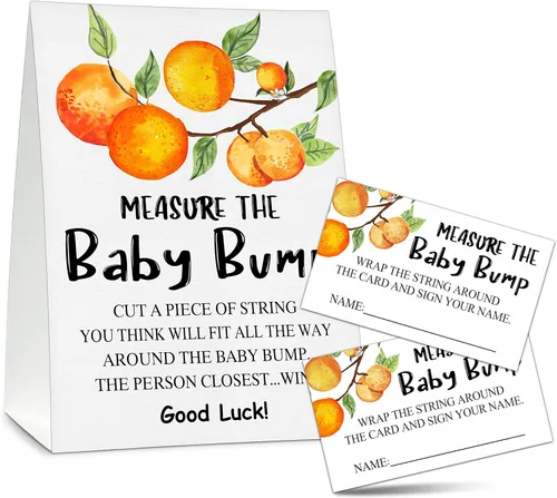 Vista 6 de Measure the Baby Bump - Juego de juego para baby shower, 1 letrero de pie con 50 tarjetas de adivinanzas, suministros de decoración de fiesta