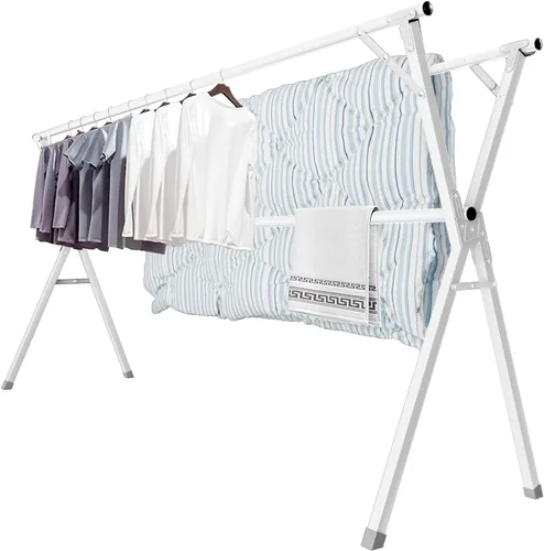 Vista 9 de Estante de secado de ropa de 95 pulgadas, estante de secado plegable para interiores y exteriores, de acero inoxidable resistente, perchero portátil