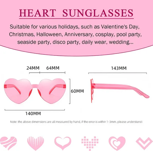 Vista 2 de 12 lentes de sol con forma de corazón, sin marco, lentes de sol transparentes con forma de corazón para mujer, paquete de lentes de sol divertidos