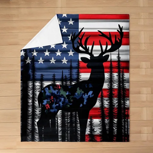 Vista 5 de Erosebridal American Flag Throw Blanket 40x50 Inch Sofa Bed Couch Decor,Rustic Deer Hunting Fleece Blanket for Kids Boys Girls,Farmhouse Cabin Bed