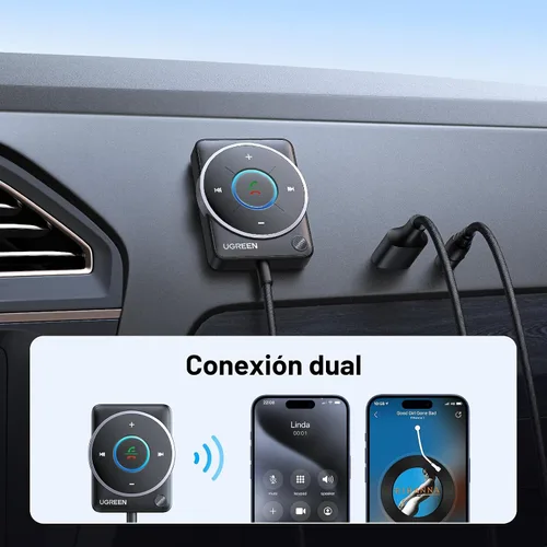 Vista 3 de UGREEN Adaptador auxiliar Bluetooth 5.4 para automóvil, [conexión mejorada y cancelación de ruido], receptor auxiliar Bluetooth con cable trenzado
