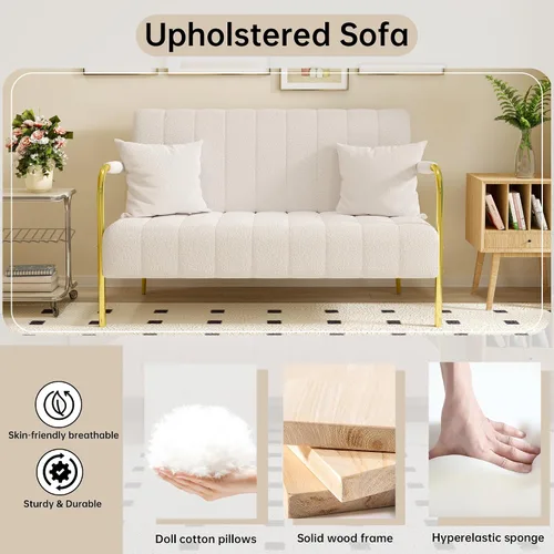 Vista 4 de anwickjeff Sofá biplaza moderno de 59 pulgadas, cómodo sofá de forro polar de peluche con 2 almohadas y patas de metal, mini sofá tapizado de 2 Beige