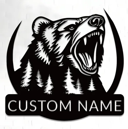 Vista 7 de Arte de pared de metal con oso grizzly de bosque, letreros personalizados con nombre de oso rugiente, decoración de pared personalizada de cabaña