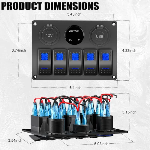 Vista 7 de Panel de interruptores basculantes de 5 vías + carga PD tipo C y QC3.0 USB + voltímetro + salida de 12 V Panel de aluminio precableado interruptores