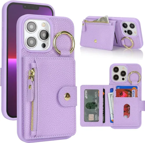 Vista 15 de Funda para iPhone 14 Plus con tarjetero, color negro Funda con cremallera y ranura para mujer y hombre