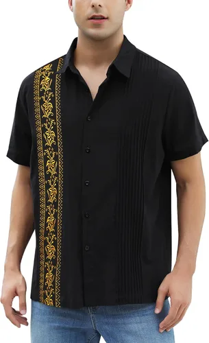Vista 19 de Camisas mexicanas para hombre, camisa de manga corta bordada con botones y cuello de guayabera tradicional Alebriges Negro