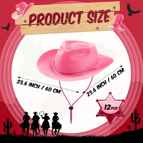 Vista 2 de Hicarer Juego de 12 sombreros de vaquero occidentales de fieltro de ala ancha, sombreros de fiesta de vaquera para hombres, mujeres, adultos, fiesta