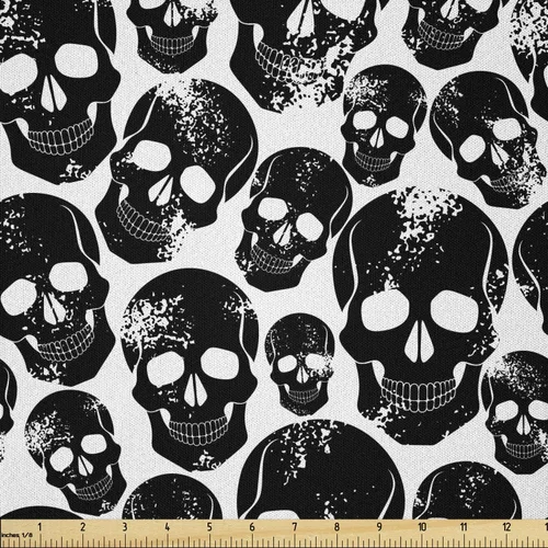Vista 29 de Ambesonne The Yard, tela de calavera colorida con temática de Halloween, diseño de calavera y huesos cruzados, divertido estampado de dibujos