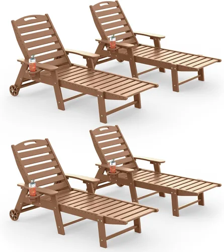 Vista 28 de Tumbona al aire libre, silla de descanso al aire libre con textura de madera, respaldo ajustable de 5 posiciones, silla de salón de polietileno