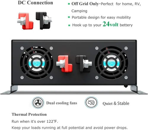 Vista 2 de WZRELB Inversor de corriente de onda sinusoidal pura de 2500W 24VDC 120VCA, RV, inversor de coche, pantalla LED