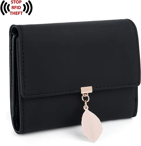 Vista 165 de UTO - Cartera pequeña RFID de piel sintética con dije de hoja, cierre de cremallera y tarjetero.