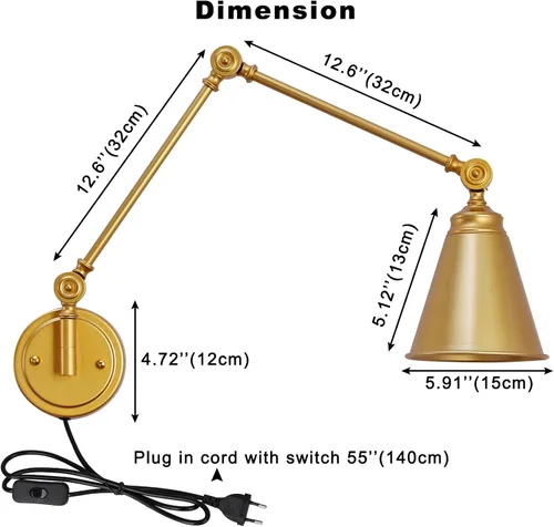 Vista 6 de Moderno aplique de pared enchufable, lámpara de pared inalámbrica de latón dorado con brazo oscilante para dormitorio, accesorios de pared