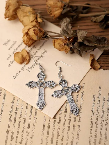 Vista 4 de Sacina Aretes de cruz gótica, aretes góticos, aretes góticos, aretes de cruz para mujer, Halloween, Navidad, Año Nuevo, regalo de joyería para mujer