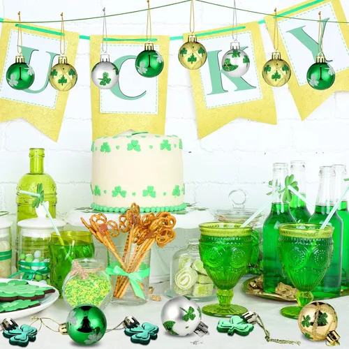 Vista 4 de Teling 36 piezas de decoración del día de San Patricio adorno colgante para árbol trébol bola colgante bola de plástico verde adorno trébol sombrero