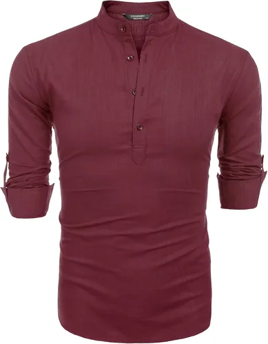 Vista 7 de COOFANDY - Camisa de lino y algodón con cuello Henley, de manga larga, estilo hippie, informal, camisetas de playa