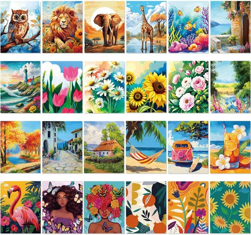 Vista 11 de Sherr Juego de 24 lienzos predibujados para pintar para adultos, lienzo preimpreso a granel, sorbo y pintura, paneles estirados, juego de pintura