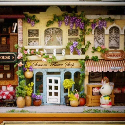 Vista 8 de Kit de casa de muñecas en miniatura con luces LED, caja de teatro, juego de construcción de modelos de arquitectura, tema de calle feliz