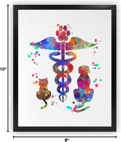 Vista 9 de Dignovel Studios 8X10 sin marco caduceo veterinario Clínica animal mascota acuarela arte impresión cartel inauguración casa giclée oficina