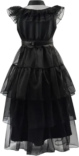 Vista 5 de Addams - Disfraz de cosplay familiar de Wednesday Addams con cinturón para niños para Halloween