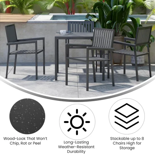 Vista 5 de Flash Furniture Harris - Juego de 2 sillas comerciales para interiores y exteriores, respaldo y asiento con listones de poliresina negra, marco