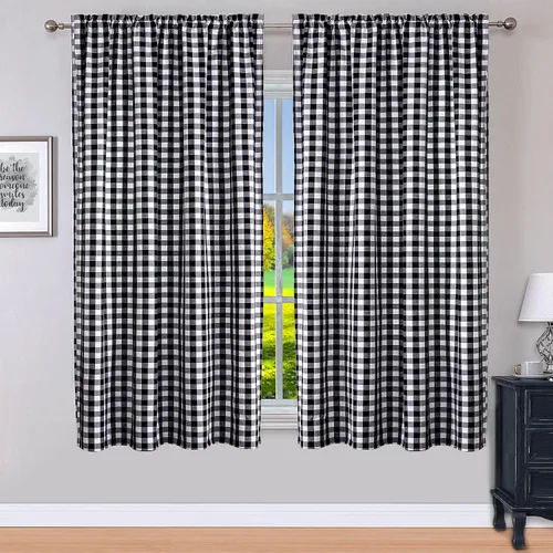 Vista 11 de WUBODTI Cortinas de filtrado de luz a cuadros beige y blanco de 63 pulgadas de largo, 2 paneles de 63 pulgadas de largo, bolsillo para barra, no se