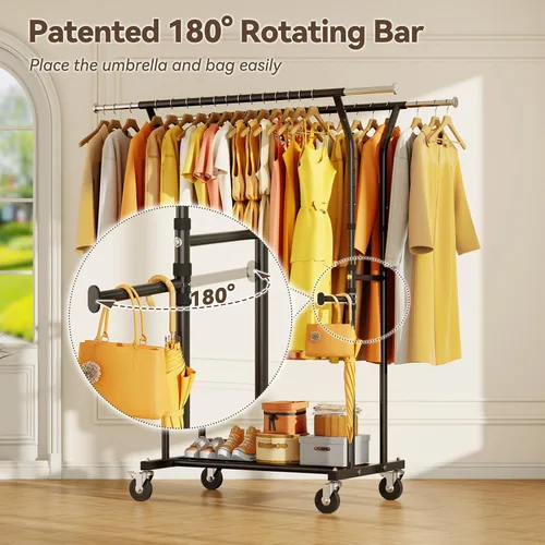 Vista 5 de Perchero de ropa resistente: 800LBS Perchero de ropa con ruedas para colgar abrigos, barras dobles, estantes de tela portátiles con ruedas Estante