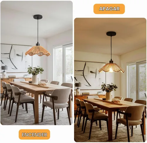 Vista 9 de 3 Pack Brown Woven Pendant Light Fixtures,11.81" Rattan Pendant Lights Farmhouse Basket Light Fixture Adjustable Boho Hanging Lamp for Kitchen