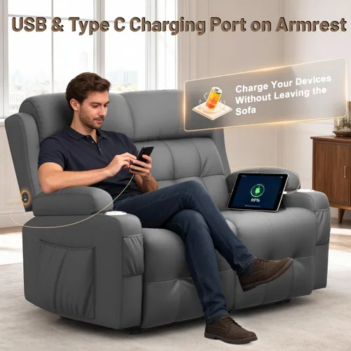 Vista 111 de Sofá de Dos Plazas Reclinable, Sofá Reclinable de Masaje con Gran Capacidad de Peso, Silla de Dos Plazas para RV en Liquidación con Consola, USB