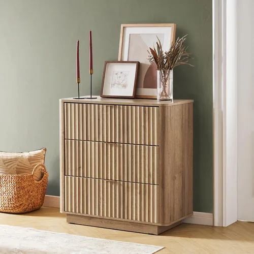Vista 13 de mopio Brooklyn – Cómoda de 3 cajones para dormitorio, cómoda organizadora de madera, estilo granja moderna, mesita de noche alta, seguridad Nogal