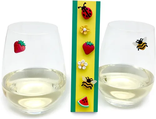 Vista 5 de Simply Charmed Dijes magnéticos para copa de vino con abeja, fresa y flores, juego de 6 divertidos marcadores de bebidas o identificadores