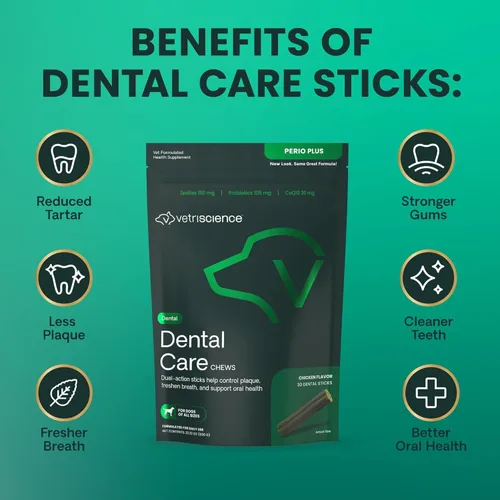 Vista 5 de VetriScience Masticables dentales de boca saludable, palitos Perio Plus para perros, con probióticos, espirulina y zeolitas, refrescante el aliento