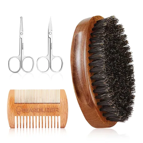 Vista 6 de Beardilizer Kit de cepillo para barba, cepillo de cerdas de jabalí 100% puro, peine de madera de lujo y 2 tijeras para bigote, aseo y cuidado