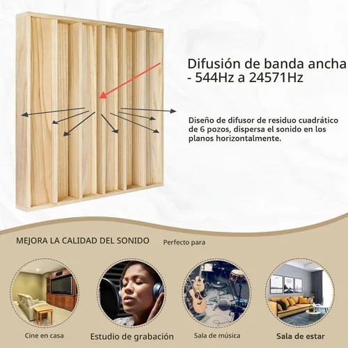 Vista 3 de BXI - Difusor de sonido de madera, paneles de difusión acústica de 24 x 24 x 2.8 pulgadas de grosor, añaden vitalidad musical a la sala de escucha