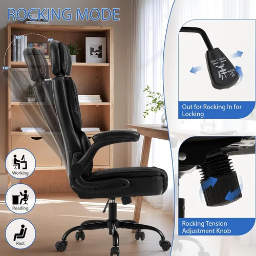 Vista 5 de Cómoda silla de oficina con reposacabezas ajustable, silla de escritorio ejecutiva de cuero con soporte lumbar, función mecedora, silla ergonómica