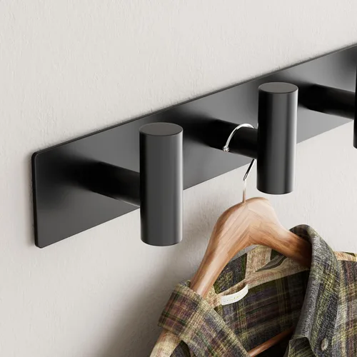 Vista 4 de GWAAZXGZ Perchero negro montado en la pared, 5 clavijas en forma de T para sombreros, bolsas y toallas, riel de metal resistente para entrada, baño