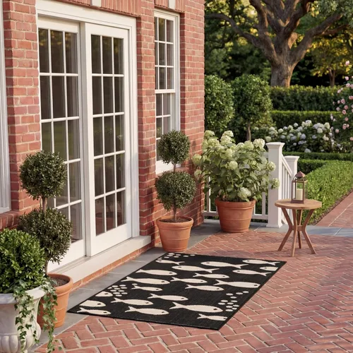 Vista 23 de SAFAVIEH Alfombra lavable para exteriores, colección Patio de 2.3 x 12 pies, color azul y beige, no desprende pelusa y fácil de limpiar, ideal