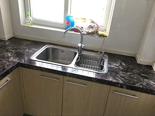 Vista 7 de REDODECO Papel adhesivo de mármol marrón brillante para encimera de cocina, papel tapiz autoadhesivo de 15.8 x 79 pulgadas (marrón oscuro)
