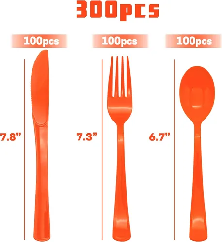 Vista 2 de Paquete de 300 cubiertos de plástico naranja, cubiertos de plástico naranja incluye 100 tenedores, 100 cucharas, 100 cuchillos para cumpleaños