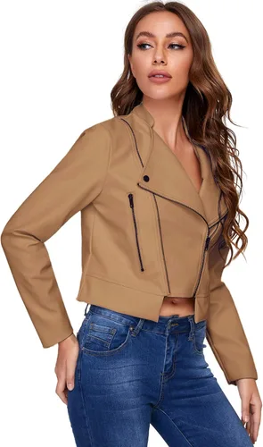 Vista 3 de SheIn Chaqueta corta casual de piel sintética con cremallera frontal para mujer