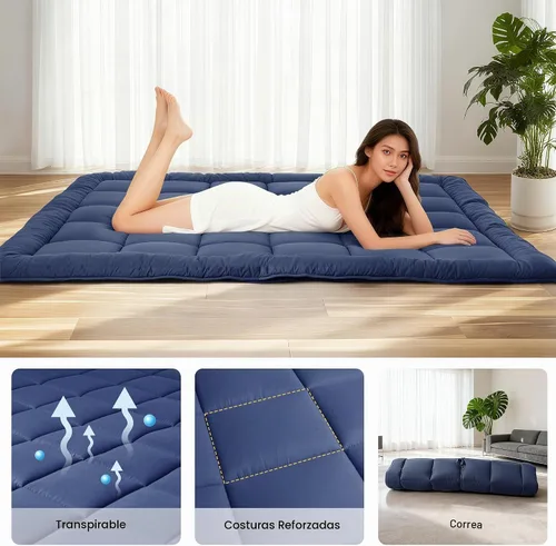 Vista 5 de Colchón de piso japonés Futón, colchón enrollable plegable de 5 capas gruesas, almohada de tatami de espuma cómoda (Azul profundo, individual)
