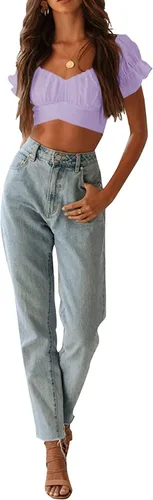 Vista 7 de FMEYOA Blusa de manga larga con hombros descubiertos para mujer, con lazo en la espalda