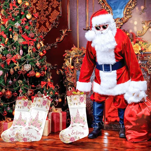 Vista 6 de Calcetines de Navidad personalizados con diseño de unicornio y flores con nombre, medias de Navidad personalizadas para decoración de fiestas