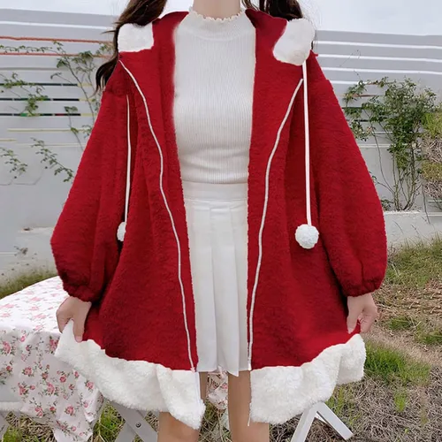Vista 3 de Sudadera con capucha para mujer, con orejas de conejo, manga larga, mullida, esponjosa, con capucha, abrigos, anime, cosplay, suéter Kawaii